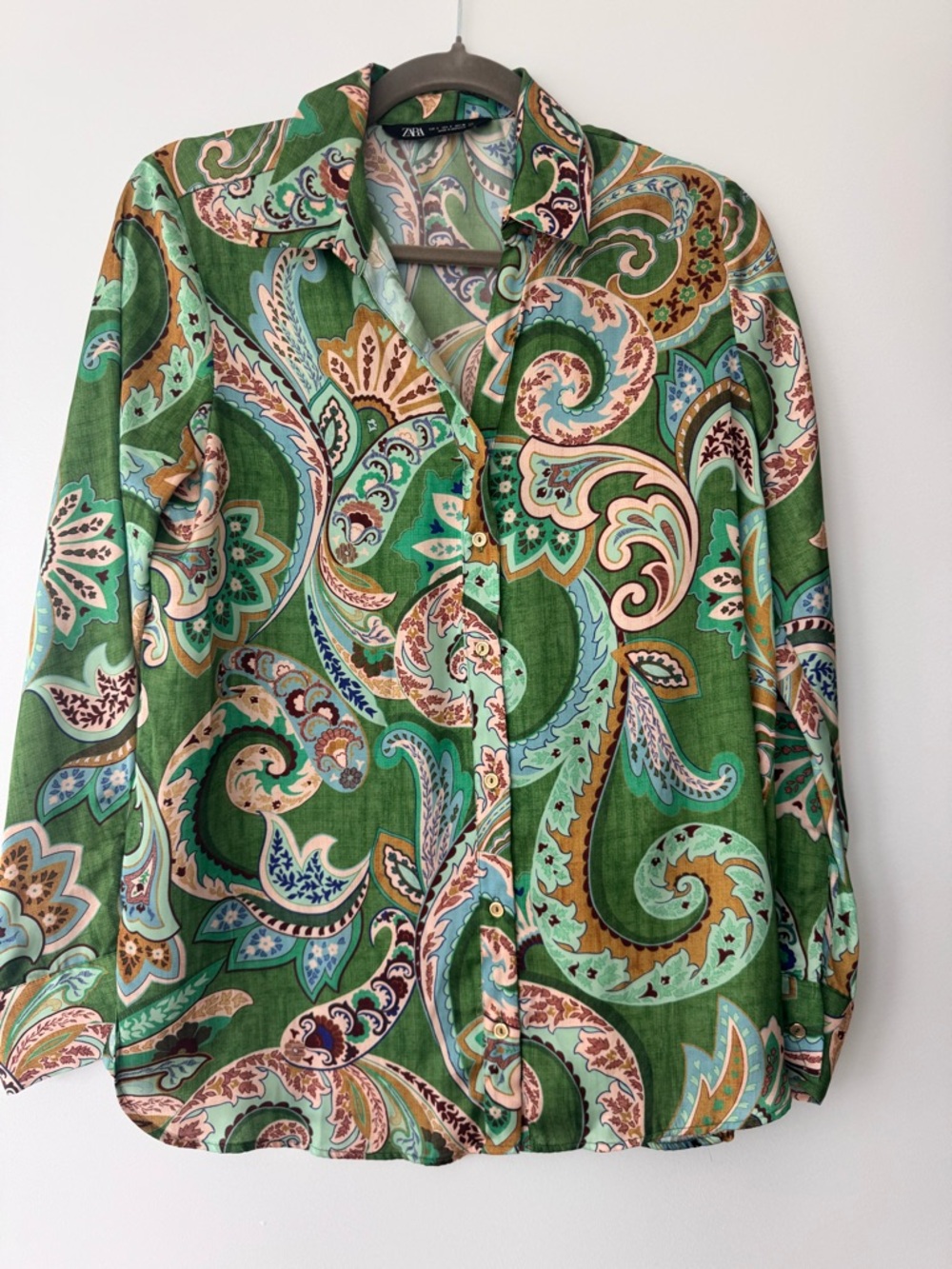 Zara Green Paisley Collared Button-Down Shirt NWOT